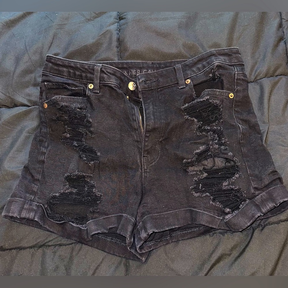 American Eagle Stretch Black Distressed Jean Shorts Size 10